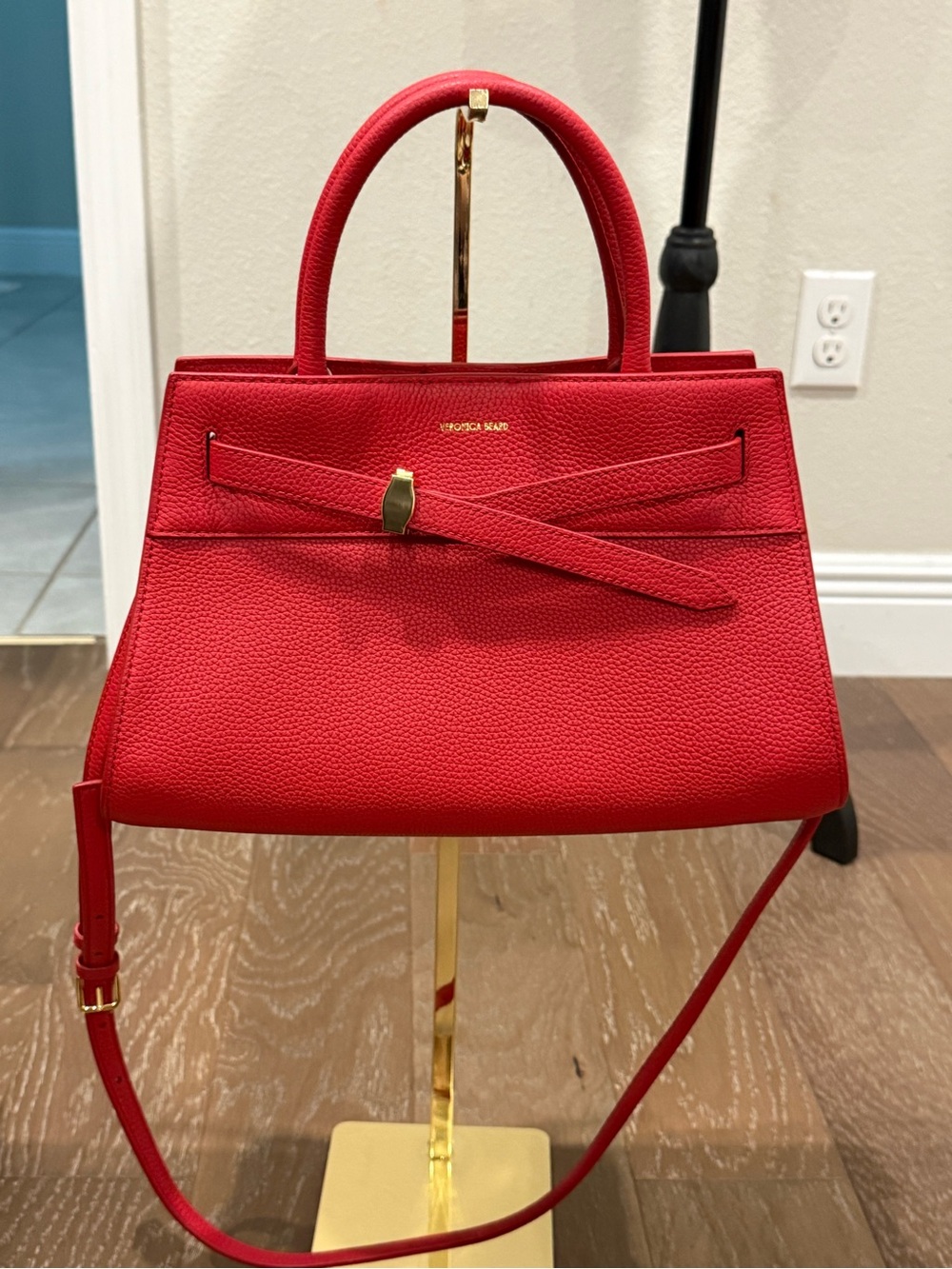 Veronica Beard Dash Red Pebbled Leather Satchel with Bow Strap Crossbody Bel